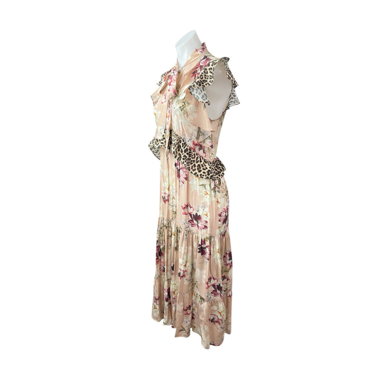 Kachel Coral Floral Leopard Ruffle Tie Pleated Tiered A Line Midi Dress Size 4
