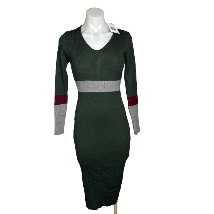 Sundays Soho NWT $79 Green Ribbed Knit V Neck Colorblock Bodycon Midi Dress S