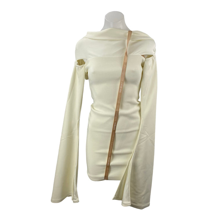 Meshki Cream Long Bell Sleeve Off The Shoulder Cutout Mini Bodycon Dress Sz XXS