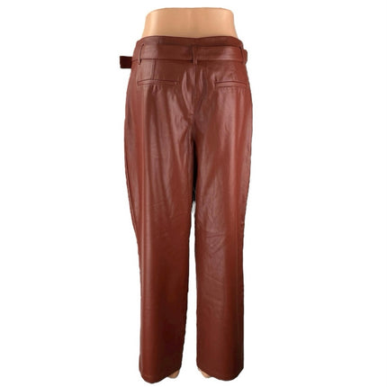 Who What Wear Brown High Rise Faux Leather Vegan Belted Pleated Trousers Pants 6