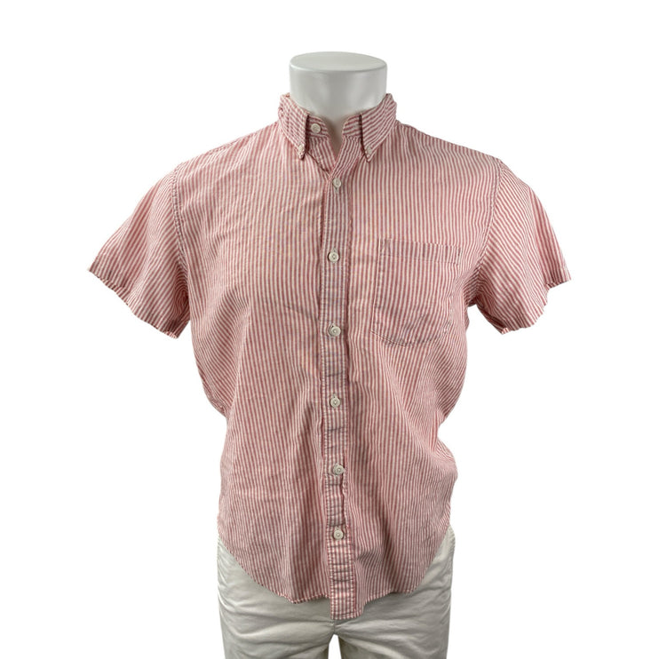 J.Crew Mens Red Striped Linen Slim Fit Short Sleeve Pocket Button Up Shirt Top M