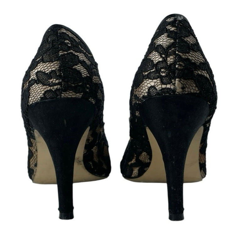Steve Madden Black Floral Lace Bow Slip On Almond Toe Stiletto Heels Pumps Sz 7