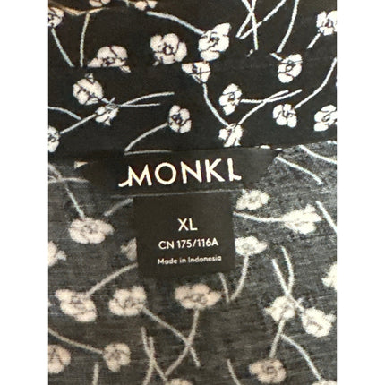 MONKL Black White Floral Long Sleeve Collared Pleated Midi Swing Dress Size XL