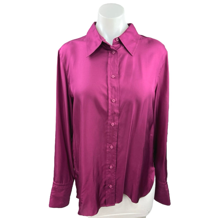 Argent Pink Purple Silk Satin Soft Flowy Long Sleeve Button Down Shirt Top Sz S