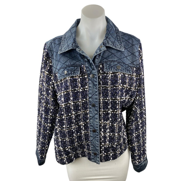 NEW FDJ Isla Indigo Denim Tweed Mixed Media Plaid Cardigan Blazer Coat Jacket M