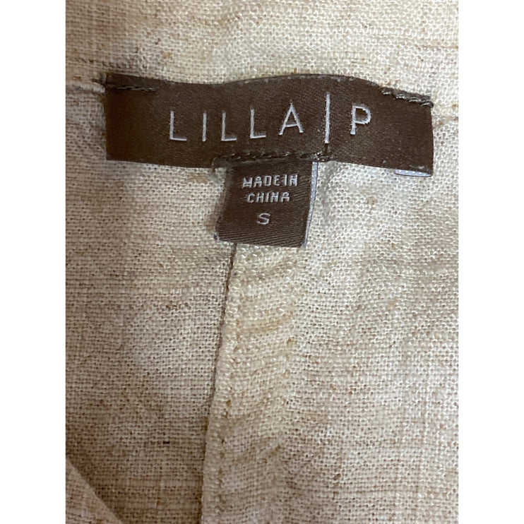 Lilla P Women Yellow Linen Short Sleeve V Neck Button Up Tie Hem Blouse Top Sz S