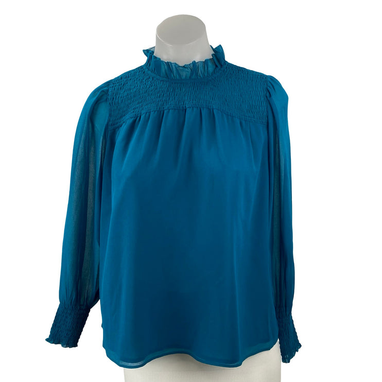 Ann Taylor Women's Blue Mock Neck Smocked Ruffle Long Sleeve Blouse Top Size XSP