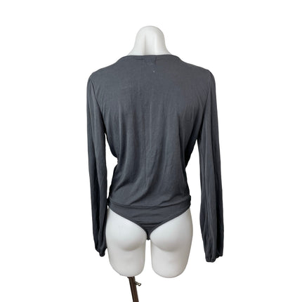 PST Women's Gray Long Sleeve Drape Faux Wrap V Neck Blouse Bodysuit Top Size M