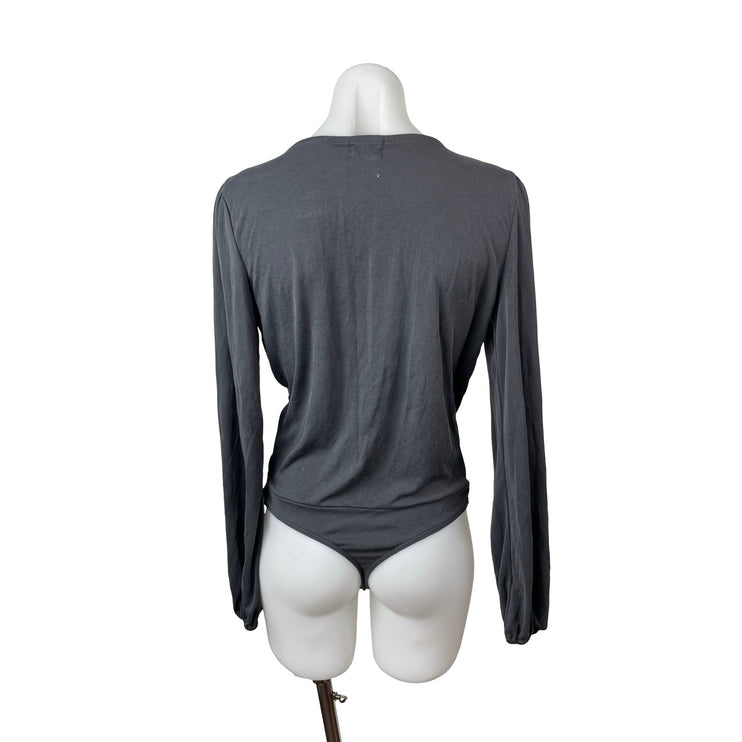 PST Women's Gray Long Sleeve Drape Faux Wrap V Neck Blouse Bodysuit Top Size M