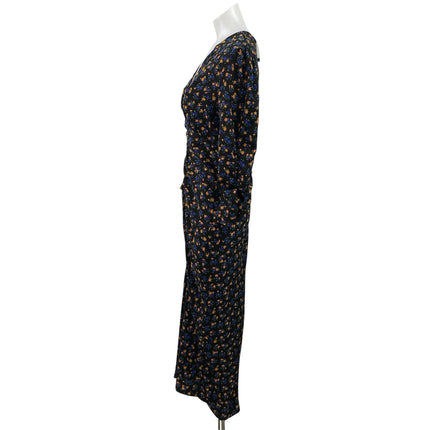 NEW Topshop Black Floral V Neck Long Sleeve Ruched Midi Sheath Dress Size 8