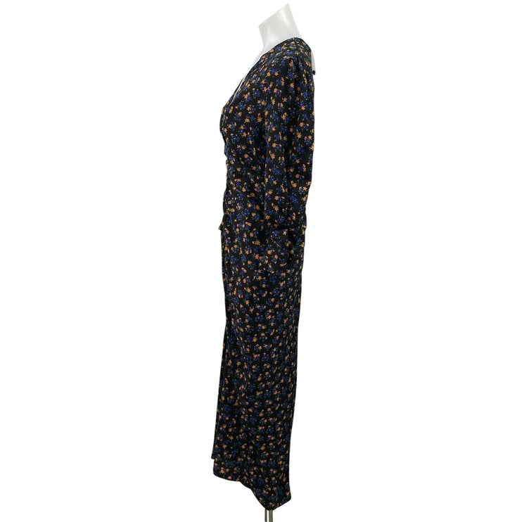 NEW Topshop Black Floral V Neck Long Sleeve Ruched Midi Sheath Dress Size 8