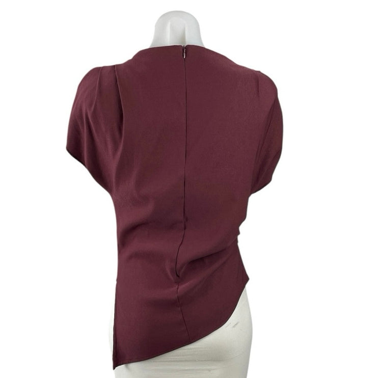Zara Red Maroon Short Puff Sleeve Asymmetric Drape Mock Neck Blouse Top Size S