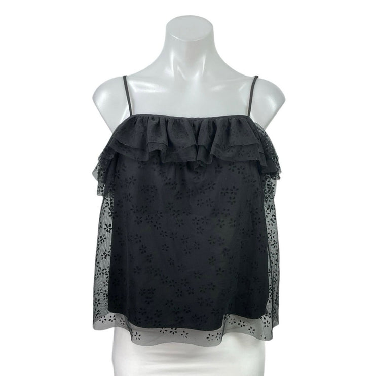 J.Crew Black Sleeveless Embroidered Floral Cami Ruffle Tiered Blouse Top Size S