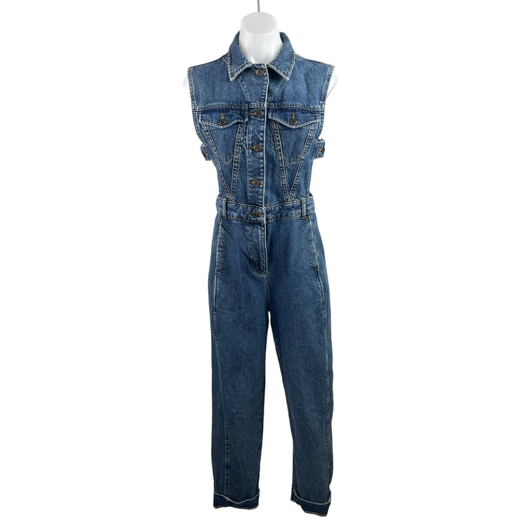 Topshop Women's Blue Sleeveless Denim Jean Button Up Overalls Jumpsuit Size M
