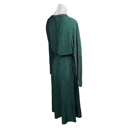 All in Favor Emerald Green V Neck Long Sleeve Crinkle Tie Waist Midi Dress Sz S