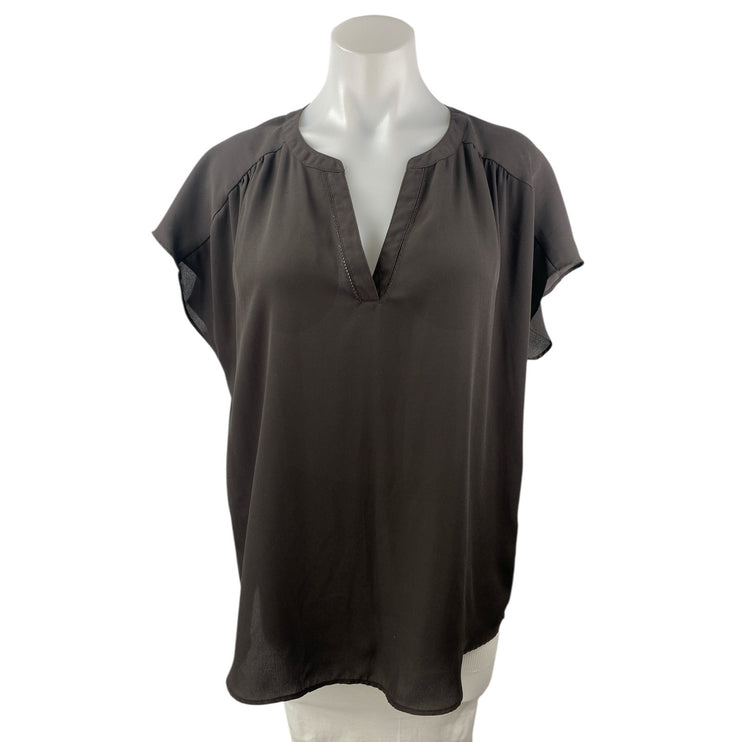 Banana Republic Women's Black Short Sleeve Notch V Neck Shirt Blouse Top Size L