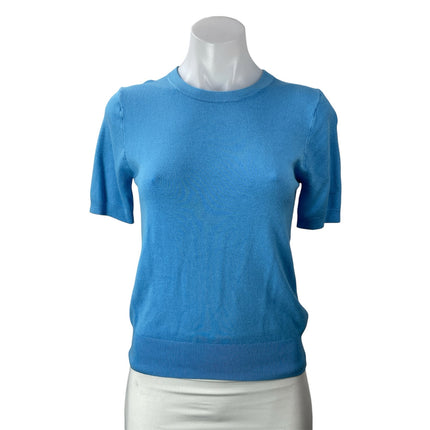 Zara Women Blue Knit Short Sleeve Stretch Crew Neck Pullover Sweater Top Size M