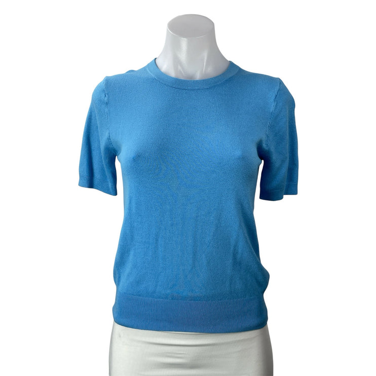 Zara Women Blue Knit Short Sleeve Stretch Crew Neck Pullover Sweater Top Size M