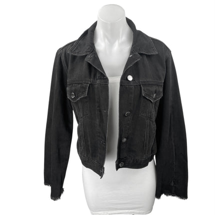 Frame Women's Black Frayed Long Sleeve Button Down Cropped Denim Jacket Size XS