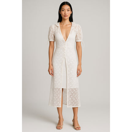 Majorelle White Floral Lace Short Sleeve Plunge Ruffle Sheer Midi Dress XS