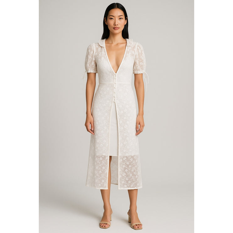 Majorelle White Floral Lace Short Sleeve Plunge Ruffle Sheer Midi Dress XS