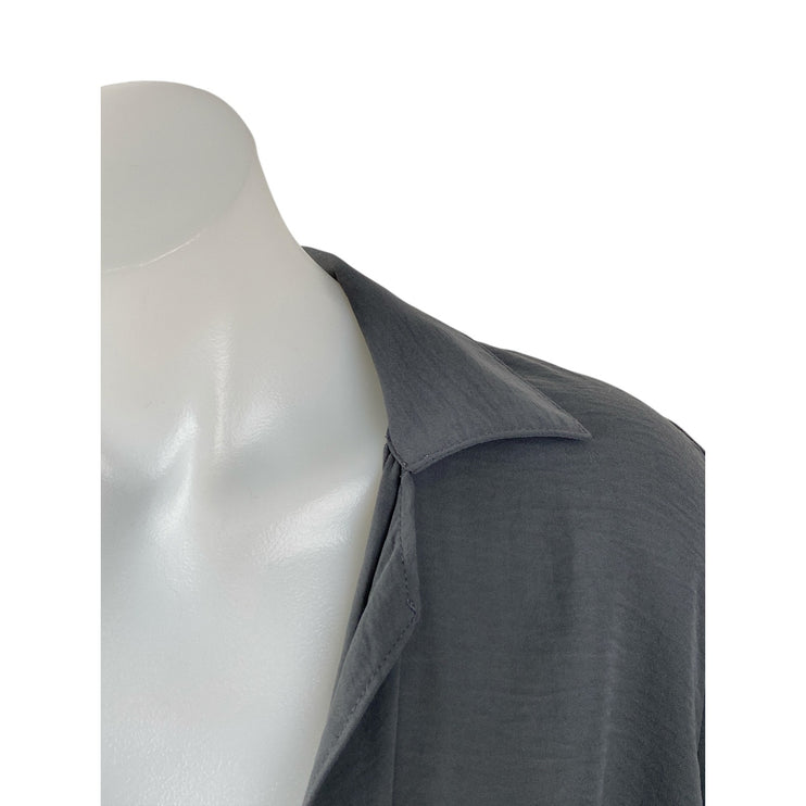 No Less Than Women's Gray Long Sleeve Collared Draped Wrap Front Blouse Top Sz S