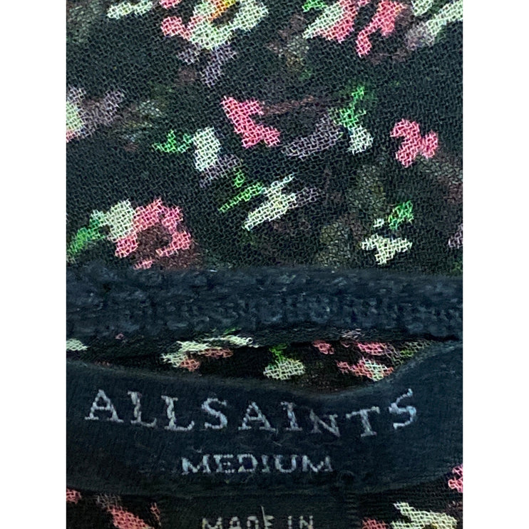 Allsaints Women's Black Floral Mesh Sheer Long Sleeve Tie Blouse Top Size M