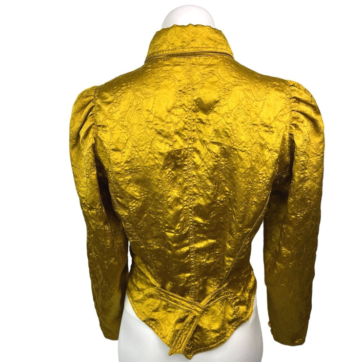 Vtg Lenvol Gold Yellow Metallic Jacquard Silk Satin Western Blouse Shirt Top S