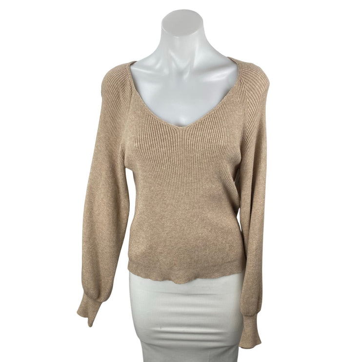 Philosophy Women's Beige Ribbed V Neck Balloon Sleeve Sweatshirt Sweater Top M