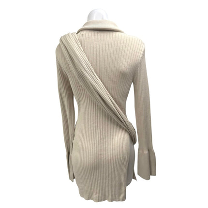 NEW Free People Beige Long Sleeve Ribbed Knit Shawl Mini Sweater Dress Size XS