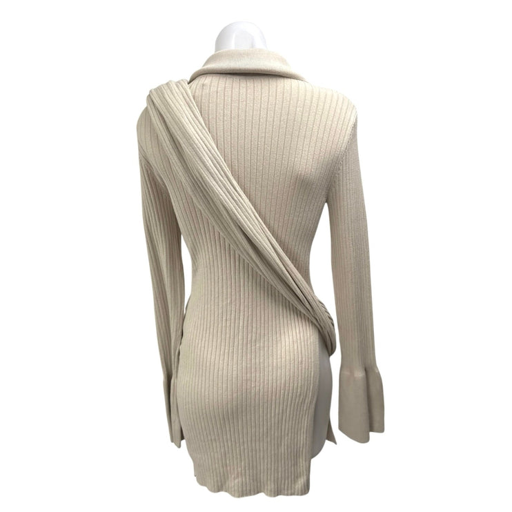NEW Free People Beige Long Sleeve Ribbed Knit Shawl Mini Sweater Dress Size XS