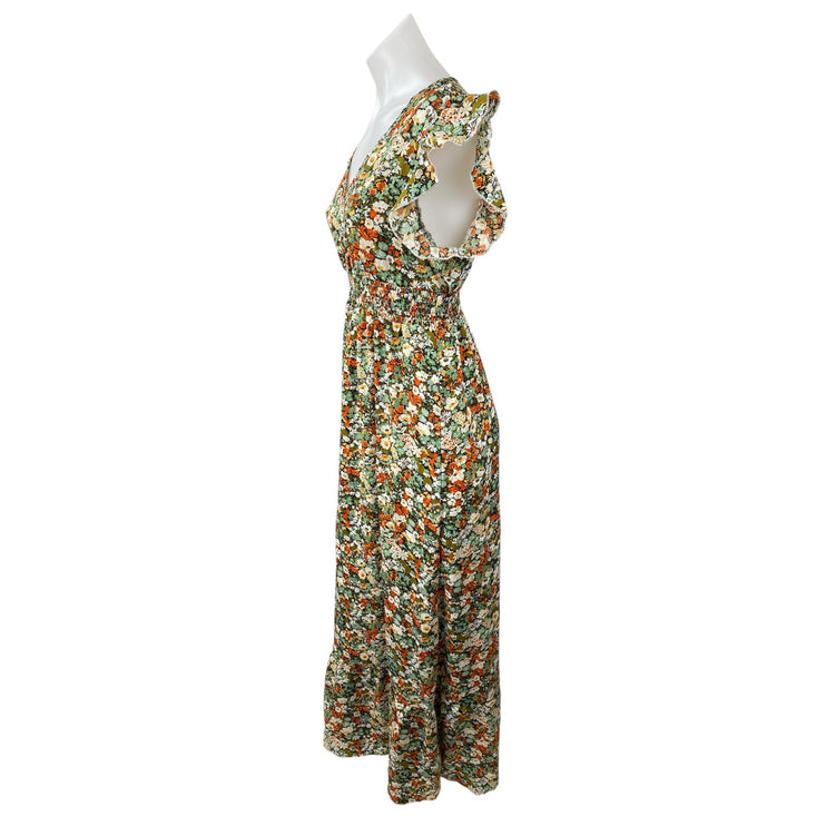 NEW Lulus Multicolor Floral Smocked V Neck Flutter Sleeve Maxi A-Line Dress Sz M