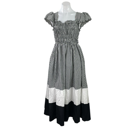 NEW Hyouka Black White Gingham Check Colorblock Smocked A-line Midi Dress Size S