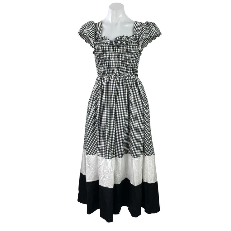 NEW Hyouka Black White Gingham Check Colorblock Smocked A-line Midi Dress Size S