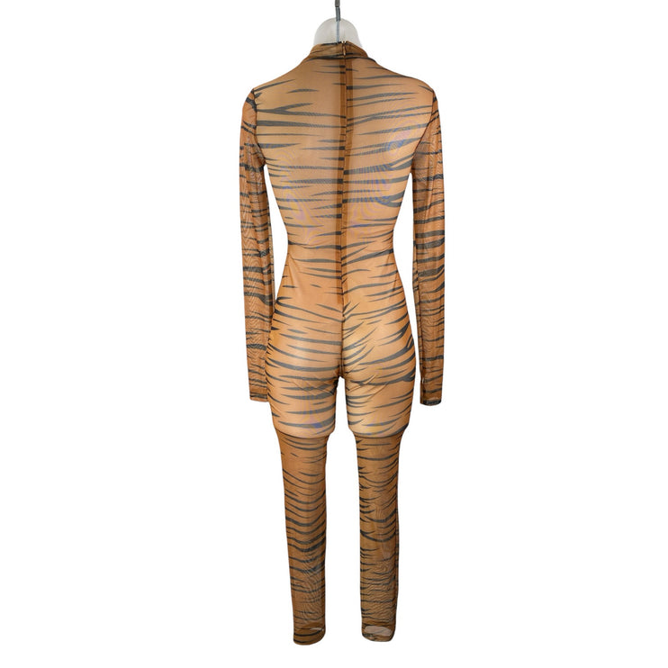 Women's Tan Black Tiger Animal Print Long Sleeve Sheer Mesh Jumpsuit Size M