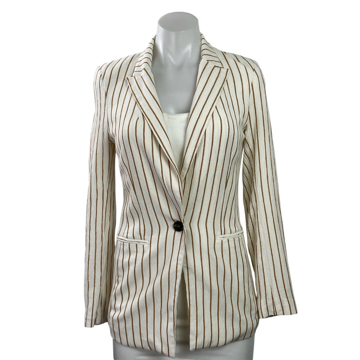 H&M Women's Cream Brown Long Sleeves Striped Single Button Blazer Coat Jacket 0
