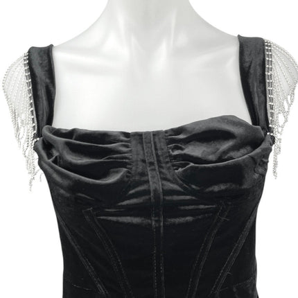 NEW JJ's House Black Velour Velvet Jeweled Fringe Holiday Mini Bodycon Dress L