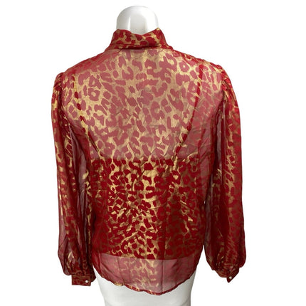 Flying Tomato Red Gold Leopard Semi Sheer Tie Long Sleeve Button Up Shirt Top S