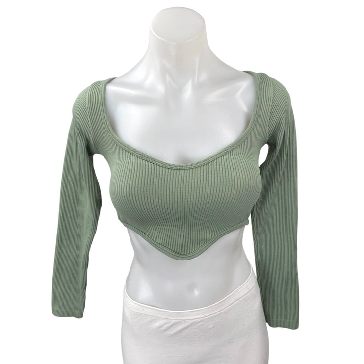Zara Women's Green Rib Knit Long Sleeve Sweetheart Neck Crop Sweater Top XS/S