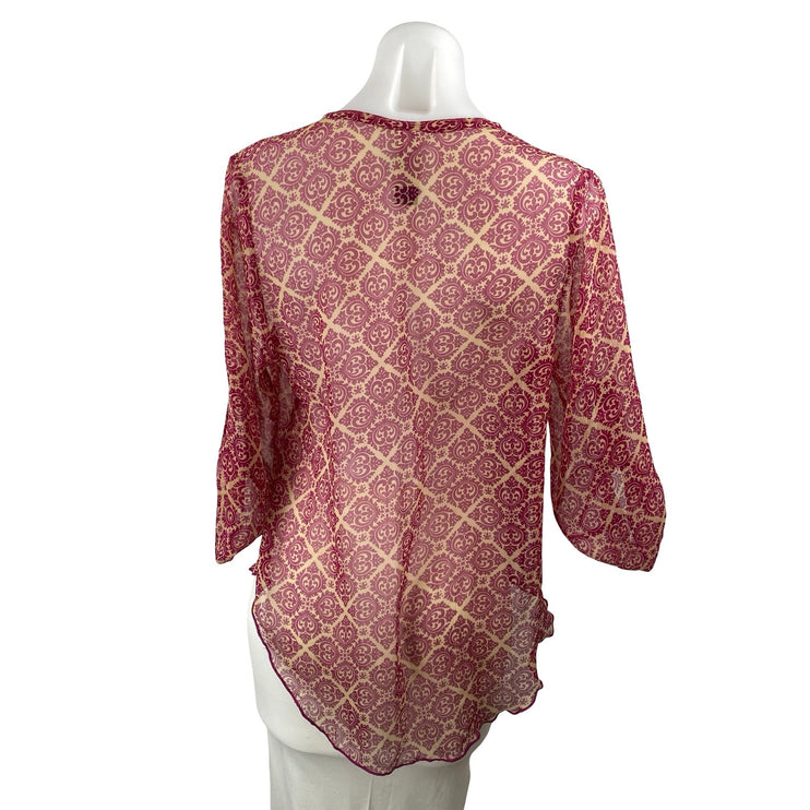 Blue Rair Women's Pink Sheer Mesh Tapestry Quarter Sleeve Button Up Blouse Top S