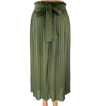 Zara Green Pleated Tie Waist Button Midi Straight A-line Paperbag Skirt Size XS