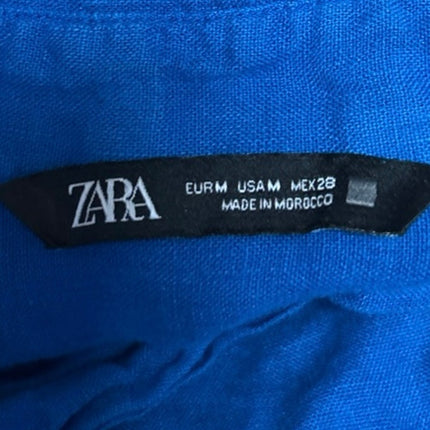 Zara Women's Blue Linen Long Sleeve Pockets Collar Button Down Shirt Top Size M