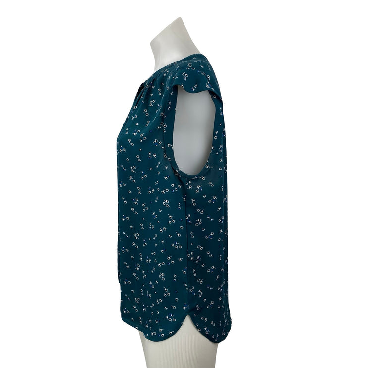 Ann Taylor LOFT Women's Teal Blue Floral Ruffle Sleeve Button Blouse Top Size LP