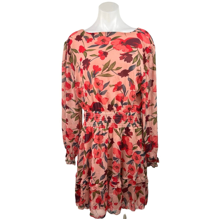 Women's Floral Print Multicolor Tie Knot Back Puff Sleeve Tiered A-Line Dress XL