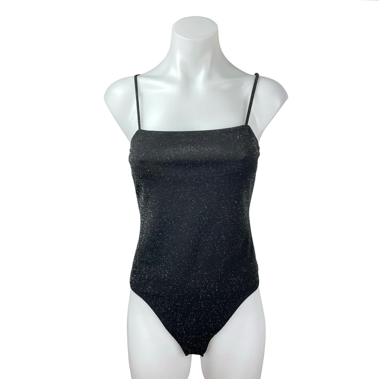Garage Black Glitter Sparkly Shimmer Square Neck Cami Tank Thong Bodysuit Top M