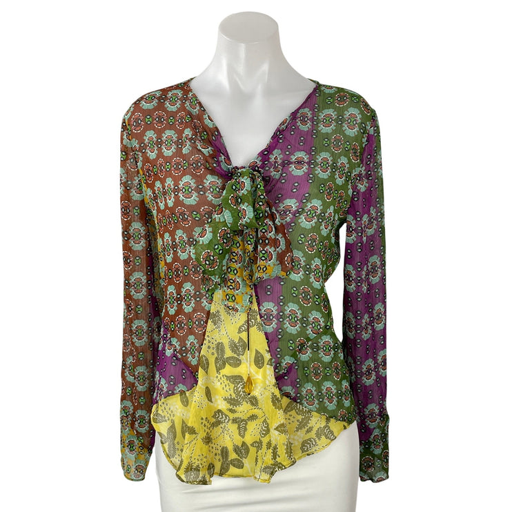 Zara Women's Multicolor Long Sleeves Patchwork Sheer Tie Front Blouse Top Size M