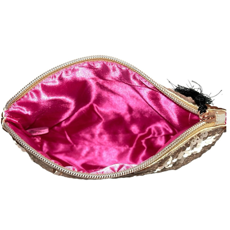 Tarte Rose Gold Pink Tasseled Zip Sequin Purse Clutch Pouch Cosmetic Makeup Bag