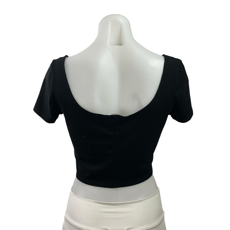 Reformation Women's Black Ribbed Knit Square Neck Short Sleeve Crop Top Size L