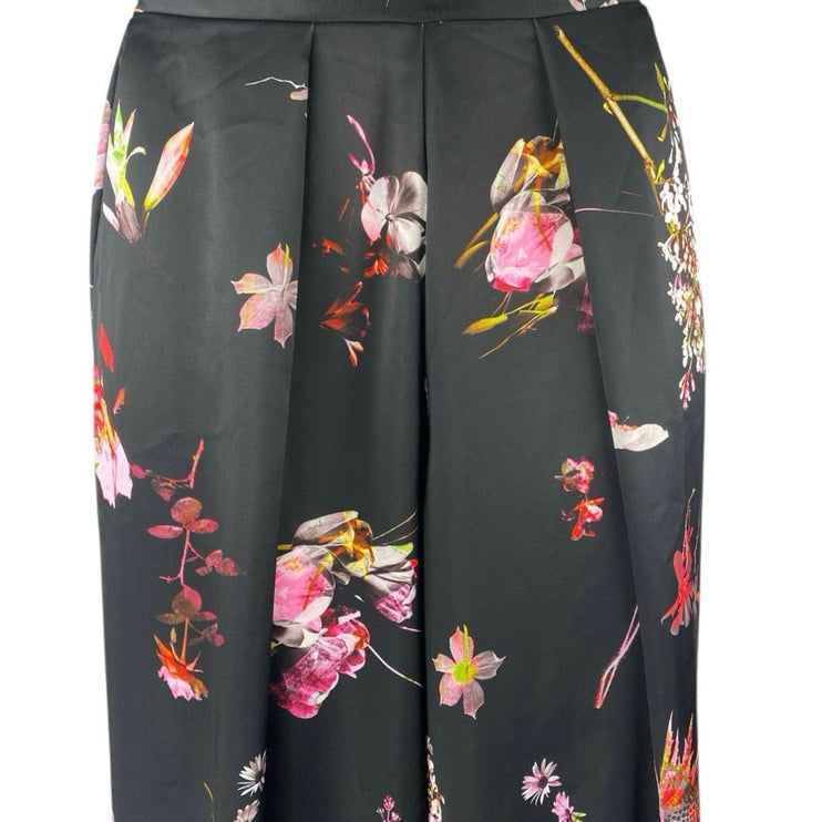 Victoria's Secret Black Silky Satin Floral Pleated Wide Leg Trousers Pants Sz XS