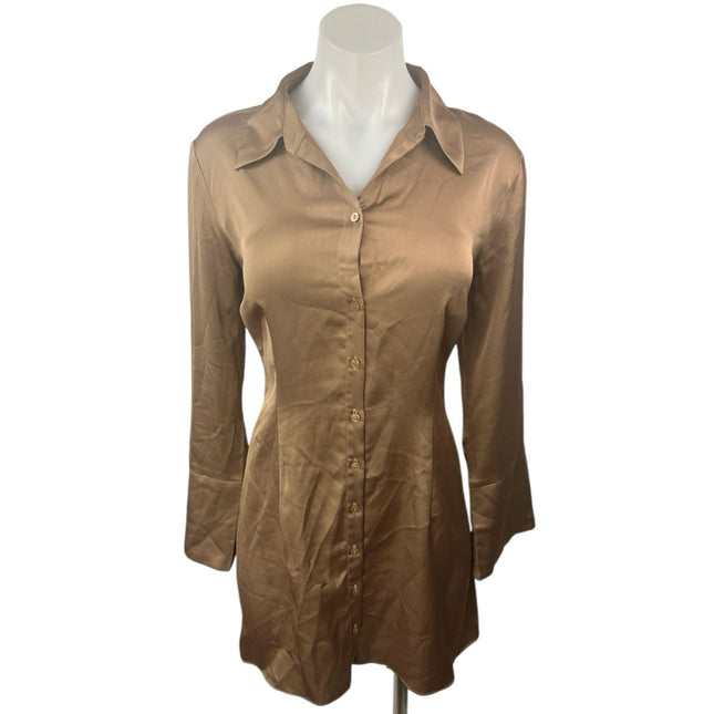 Abercrombie & Fitch Silk Satin Bronze Brown Button Down Mini Shirt Dre Brie Abercrombie & Fitch Silk Satin Bronze Brown Button Down Mini Shirt Dre Brie